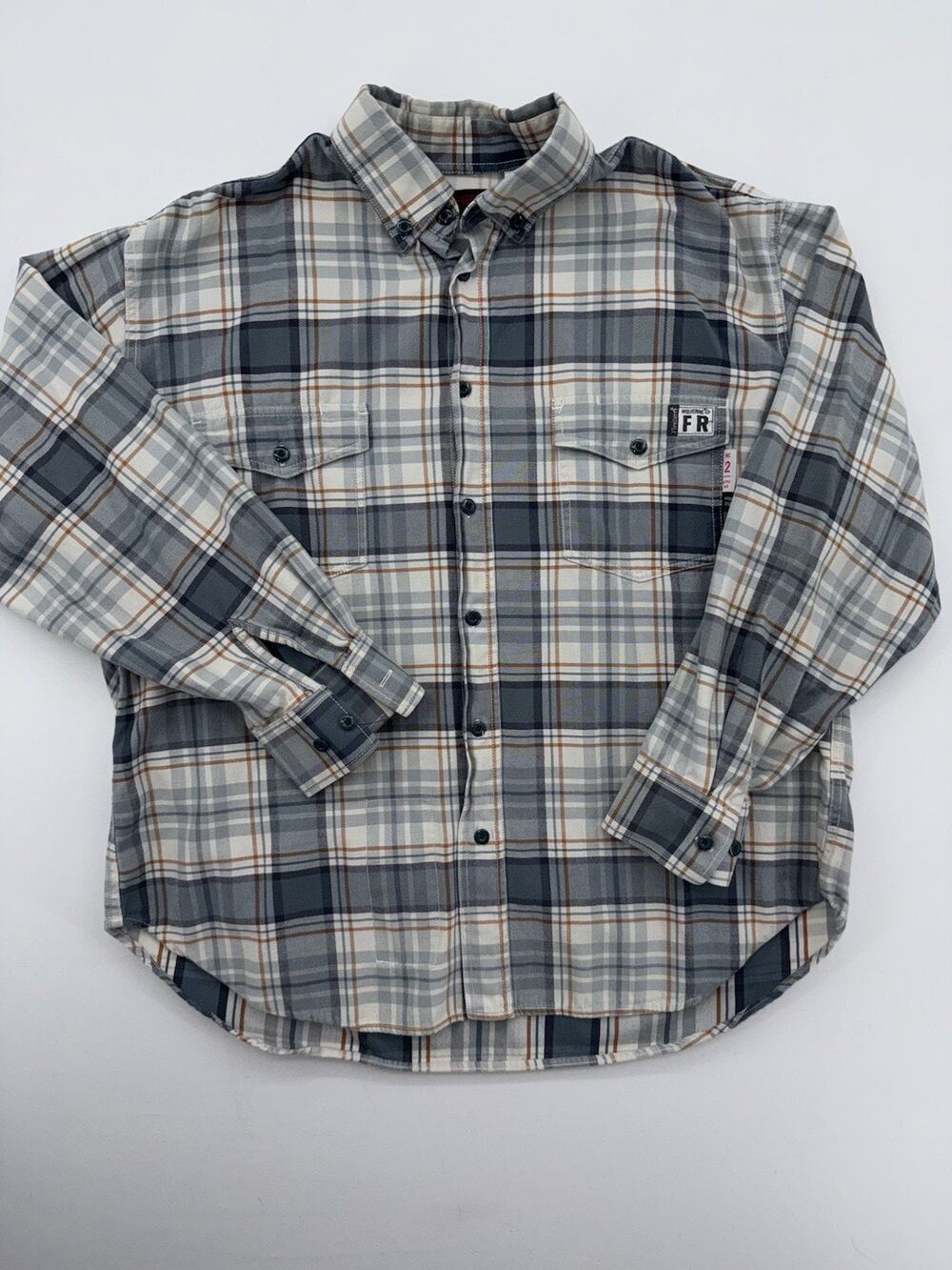 Wolverine Mens FR Twill Shirt XL Cream Grey Plaid Long Sleeve